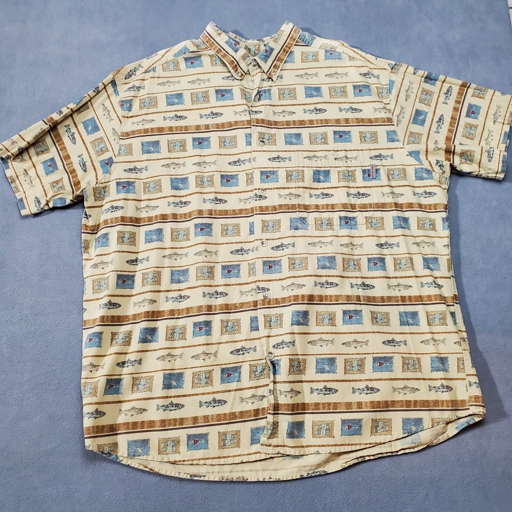 Woolrich Shirt Mens 2XL Beige Fish Stripe Lures Fishing Short Sleeve Outdoor